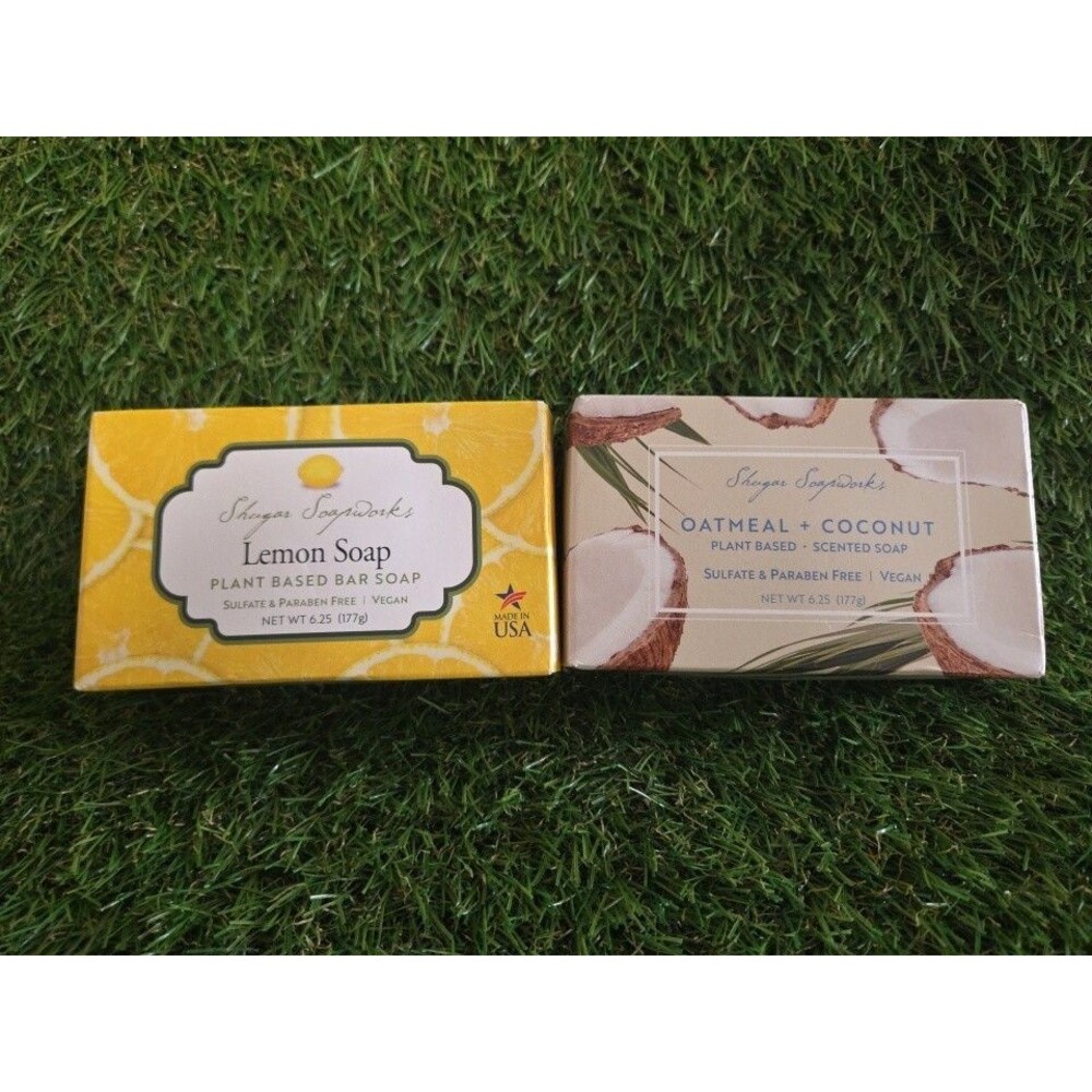NIB Shugar Soapworks 2 Bars Vegan Plant Soap Oatmeal & Coconut Lemon Verbena